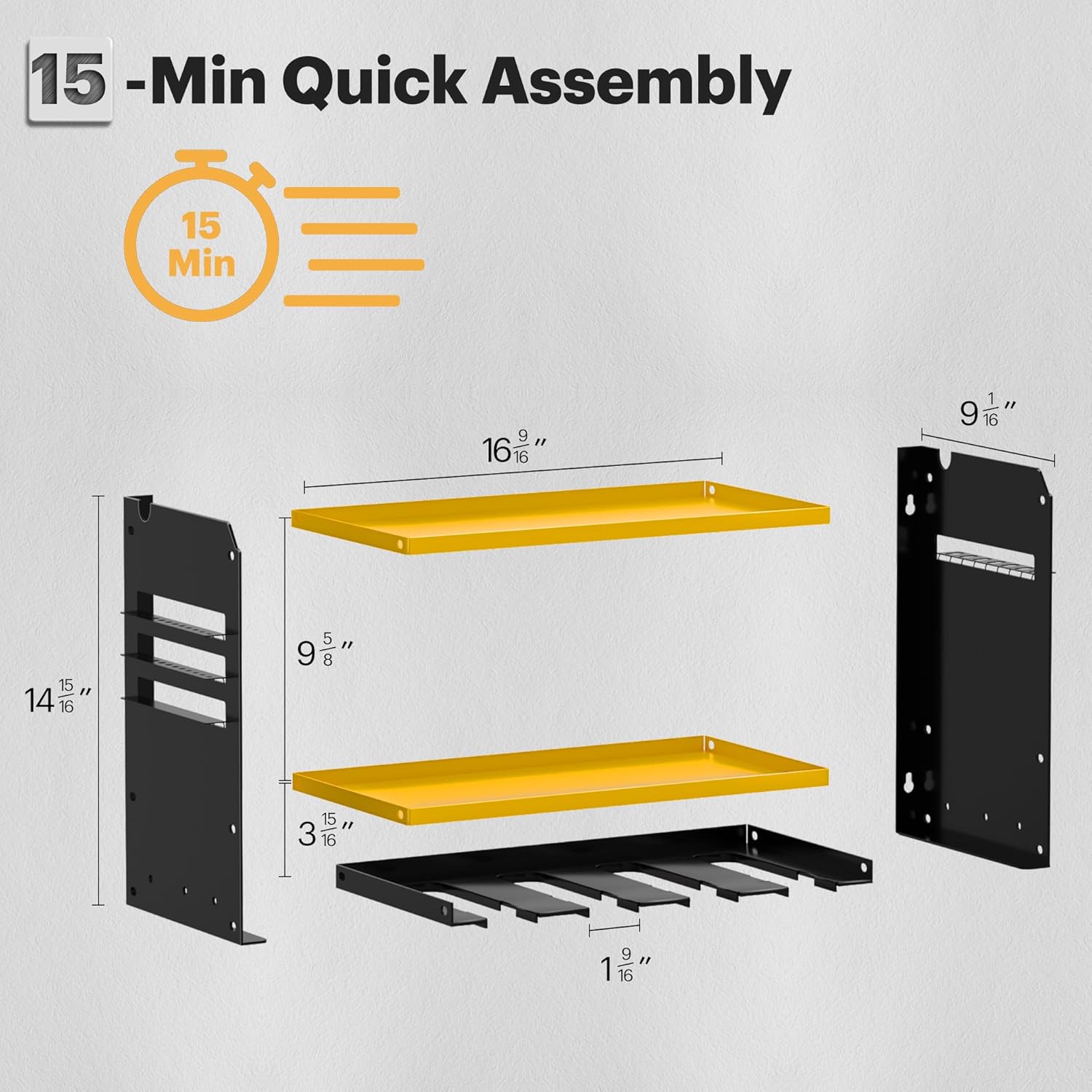 Power Tool Organizer Wall Mount, 15 Min Fast Assembly & Maximum 100lb load by Heavy Duty Metal, 4 Slots for Cordless Drill, Garage Storage Shelf with Hooks