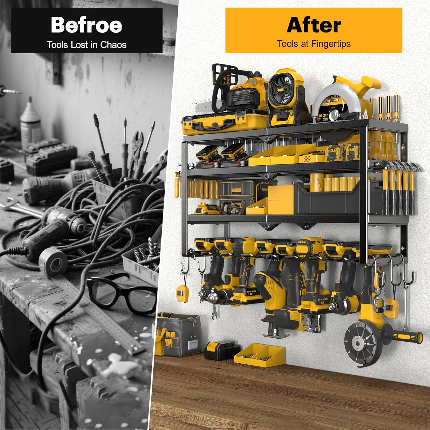 Power Tool Organizer Wall Mount, 15 Min Assembly & Maximum 150lb load by Heavy Duty Metal, 4/6/8 Drill Holder, 4 Layers Garage organization and Tool Storage