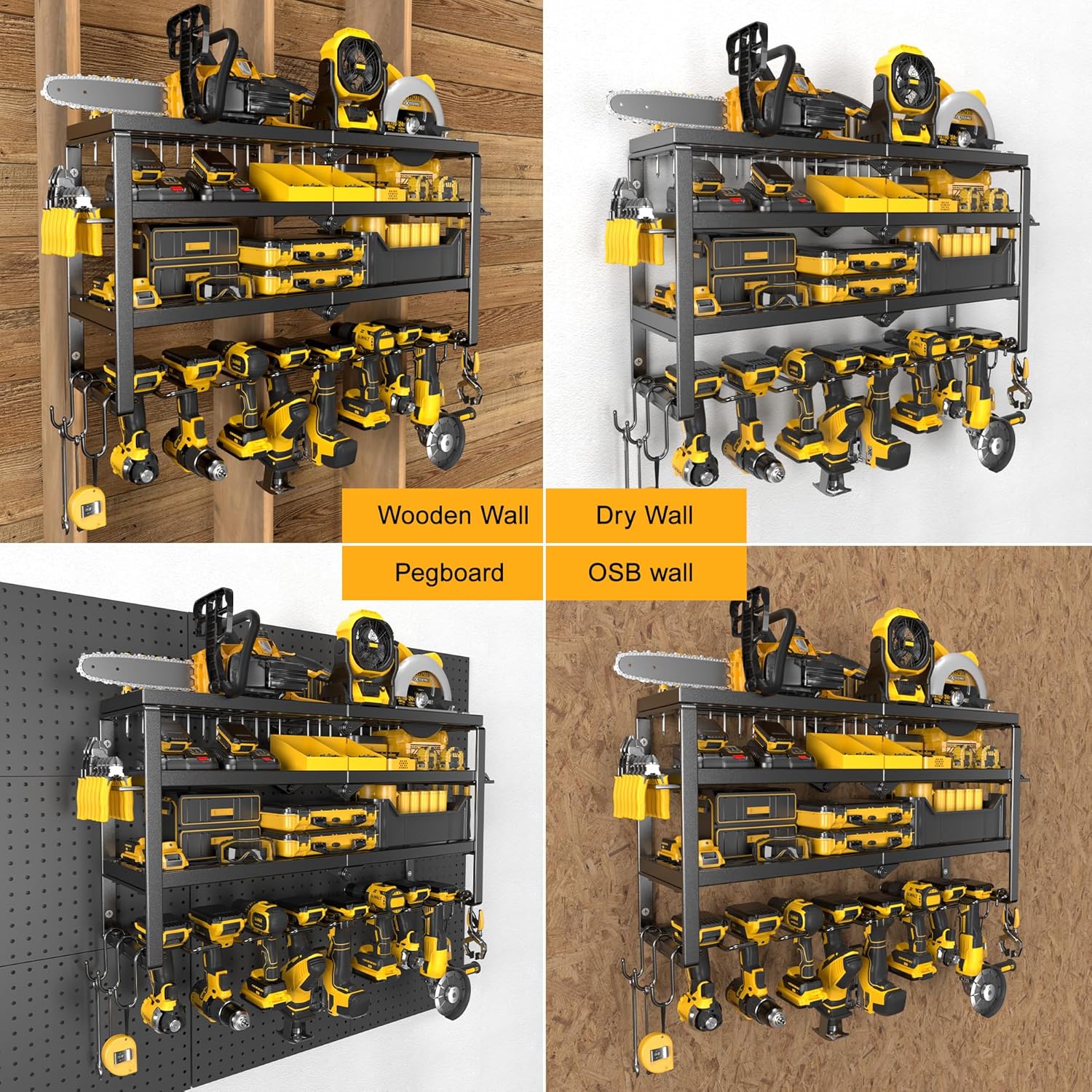 Power Tool Organizer Wall Mount, 15 Min Assembly & Maximum 150lb load by Heavy Duty Metal, 4/6/8 Drill Holder, 4 Layers Garage organization and Tool Storage