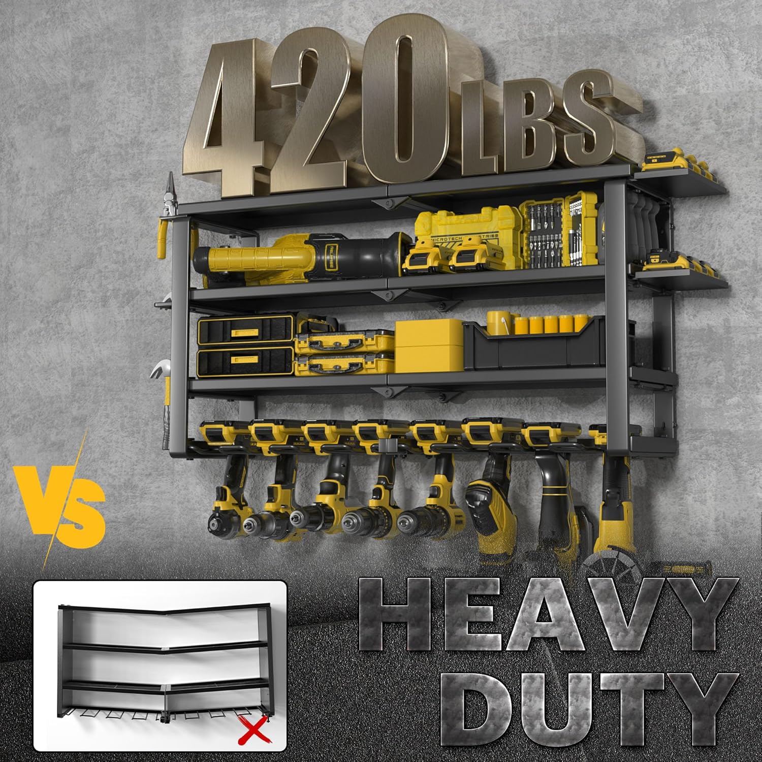 Heavy Duty 4-Tier Power Tool Organizer Wall Mount Rack, Quick Assembly Tool Wall Organizer with 8 Drill Holders & Charging Station, for Garage Workshop Shed Organization - 4 Shelves 8 Slots