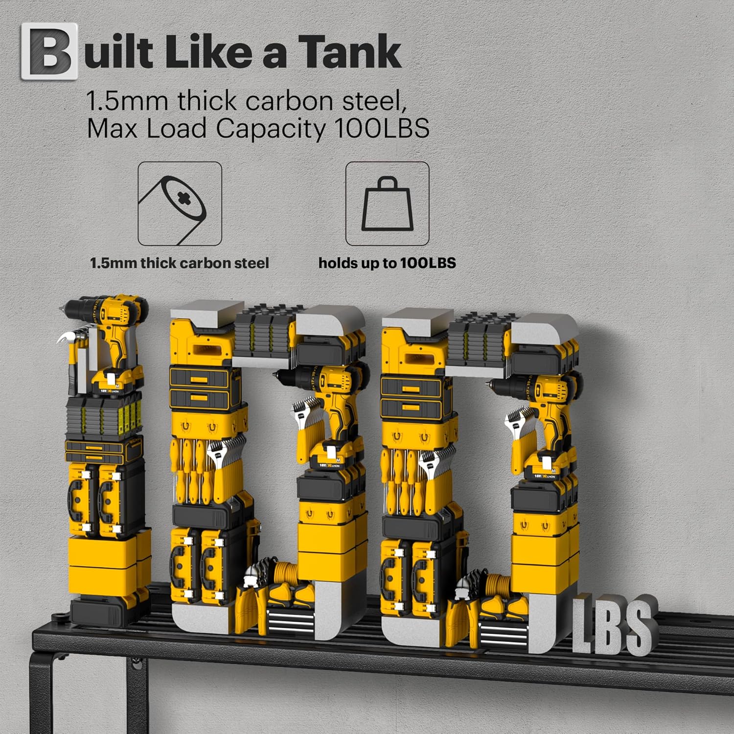 Power Tool Organizer Wall Mount with Charging Station, 4 Drill Holders and 4 Layers Garage Organization, Tool Battery Holder with 4 Outlet Power Strip, Tool Storage for Workshop Pegboard