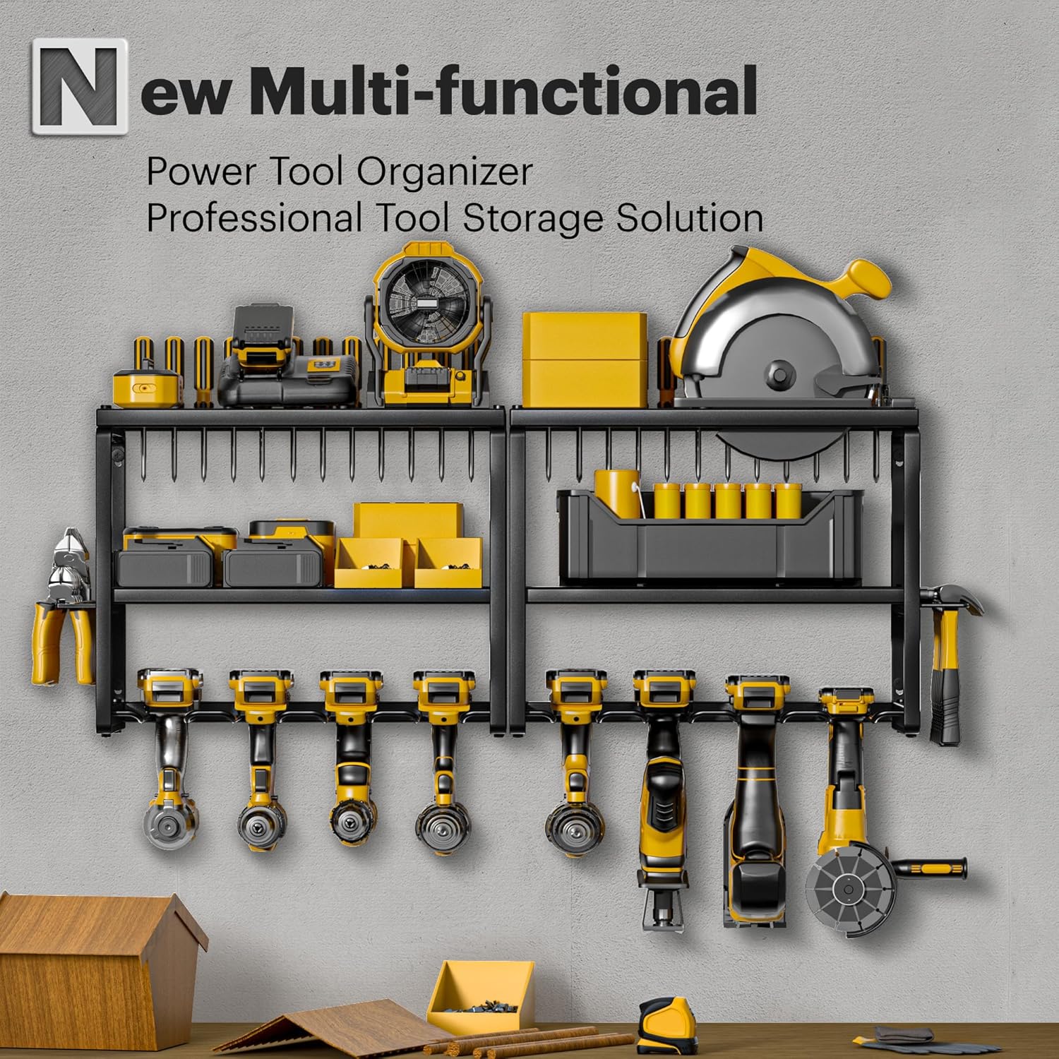 Power Tool Organizer, 8 Drill Holders Wall Mount, 3 Layer Heavy Duty Metal Storage for Garage Organization, Tools Storage with Hooks, Screwdriver Hammer Holder