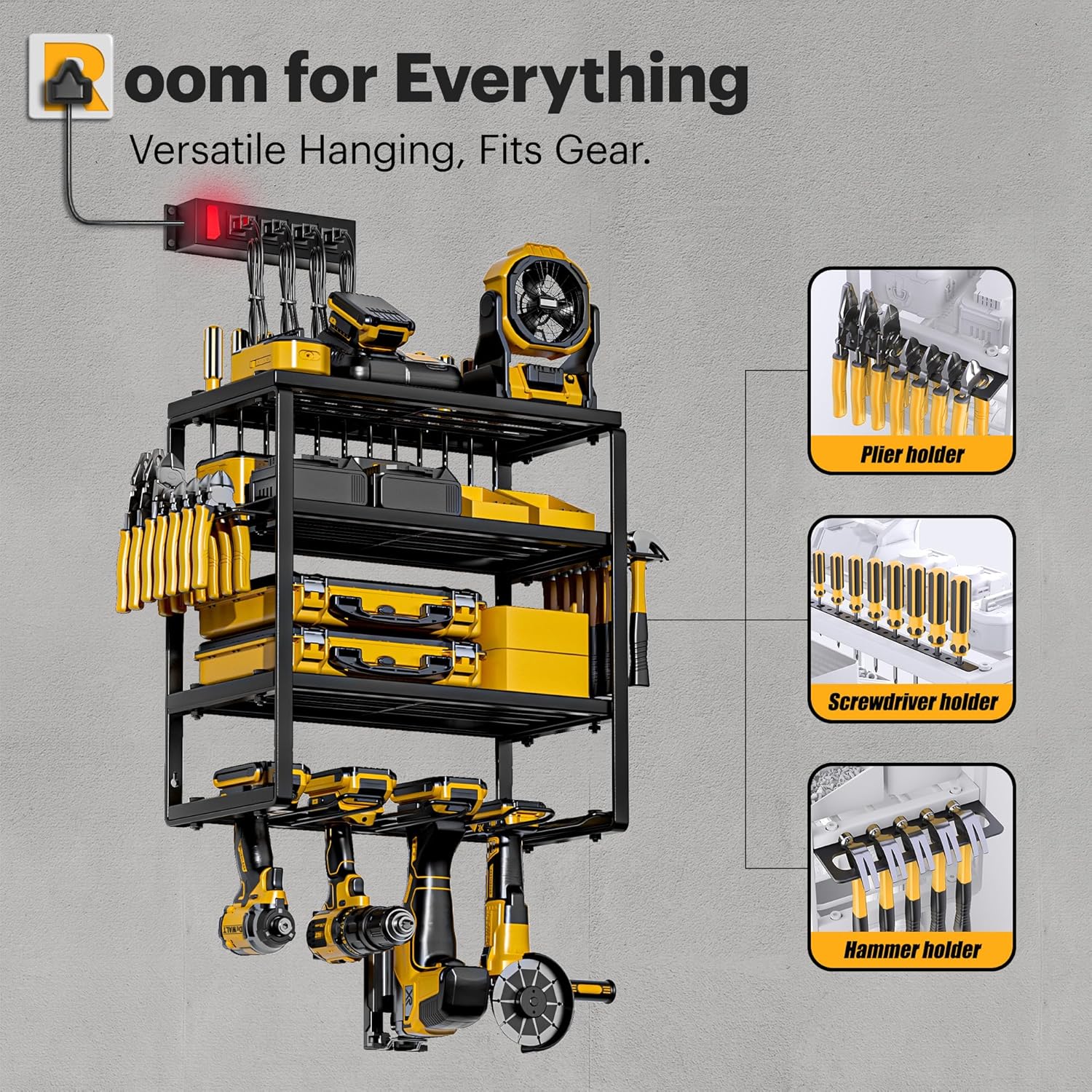Power Tool Organizer Wall Mount with Charging Station, 4 Drill Holders and 4 Layers Garage Organization, Tool Battery Holder with 4 Outlet Power Strip, Tool Storage for Workshop Pegboard