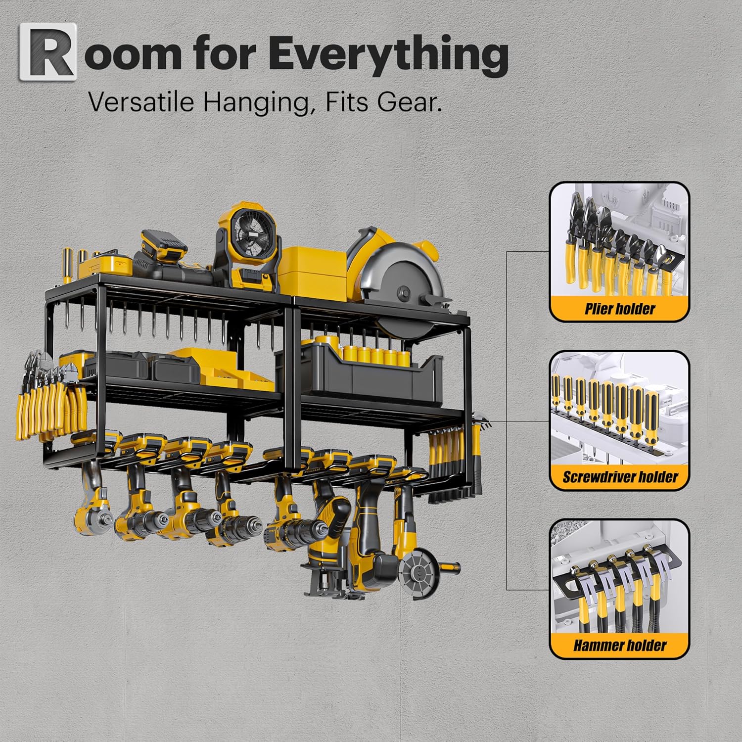Power Tool Organizer, 8 Drill Holders Wall Mount, 3 Layer Heavy Duty Metal Storage for Garage Organization, Tools Storage with Hooks, Screwdriver Hammer Holder