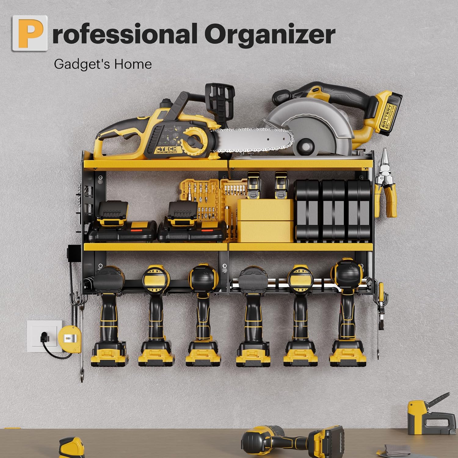 Large Power Tool Organizer Wall Mount with Charging Station, 3 Layer Heavy Duty Metal Tool Storage Rack Loads 420lbs with 6 Cordless Drill Holder, Utility Rack Loads with 4 Power Strip