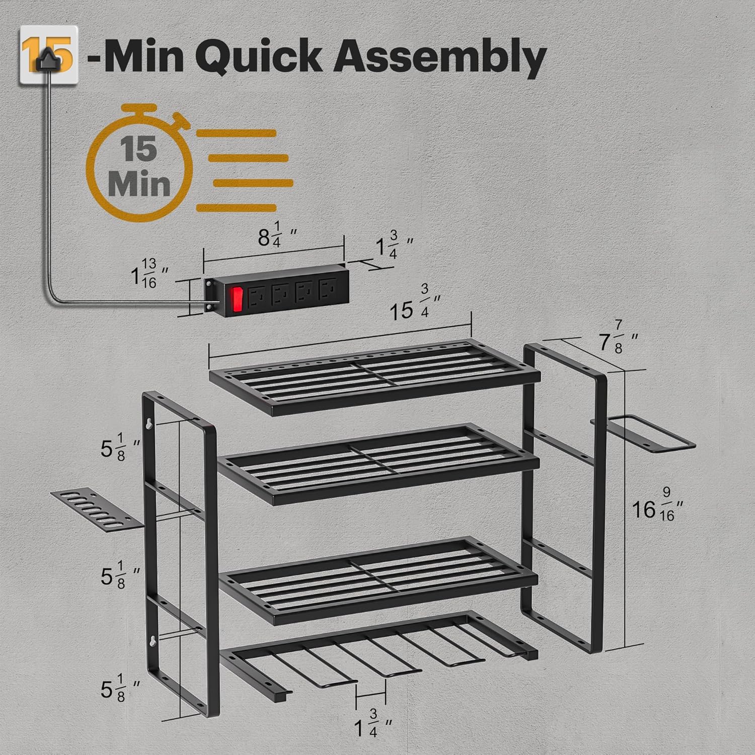 Power Tool Organizer Wall Mount with Charging Station, 4 Drill Holders and 4 Layers Garage Organization, Tool Battery Holder with 4 Outlet Power Strip, Tool Storage for Workshop Pegboard