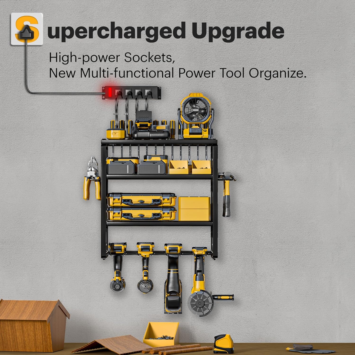 Power Tool Organizer Wall Mount with Charging Station, 4 Drill Holders and 4 Layers Garage Organization, Tool Battery Holder with 4 Outlet Power Strip, Tool Storage for Workshop Pegboard