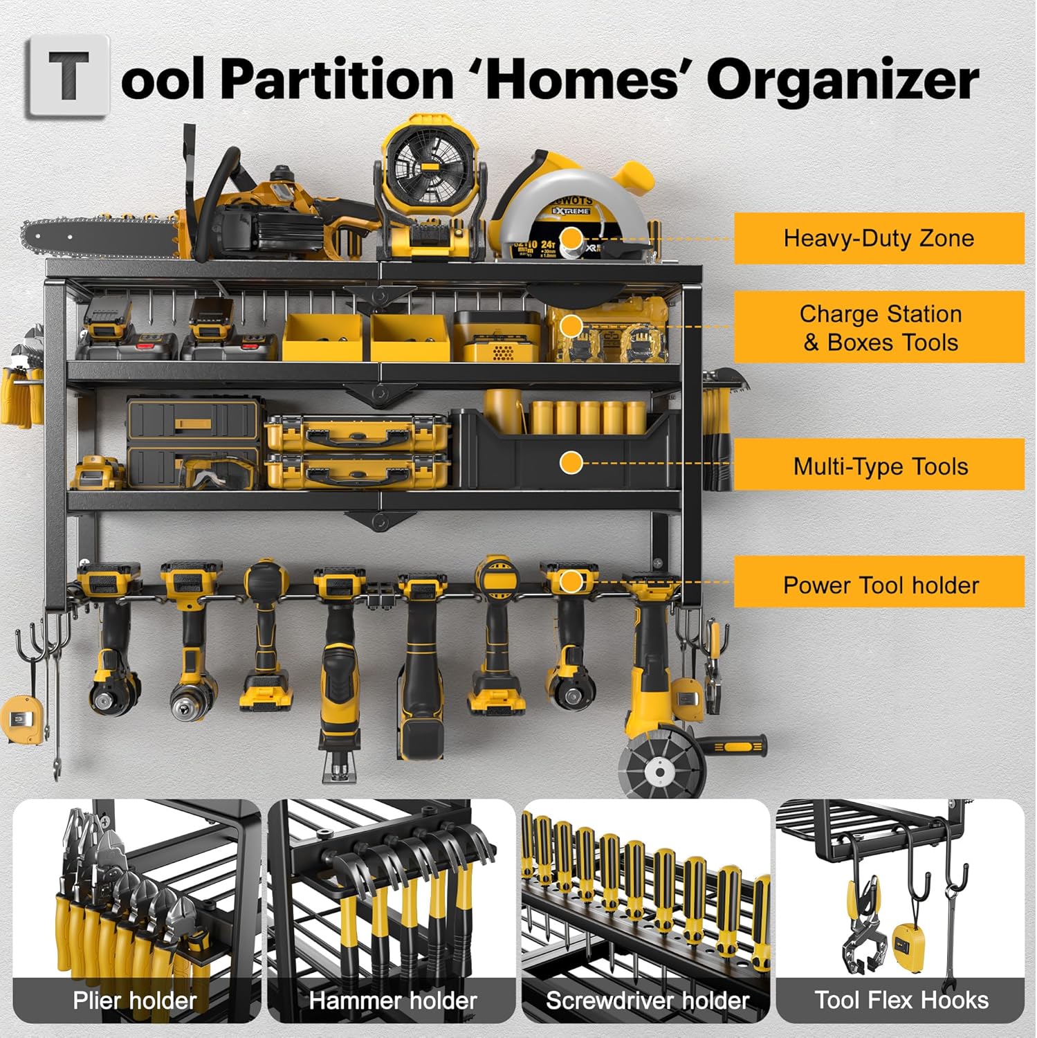 Power Tool Organizer Wall Mount, 15 Min Assembly & Maximum 150lb load by Heavy Duty Metal, 4/6/8 Drill Holder, 4 Layers Garage organization and Tool Storage