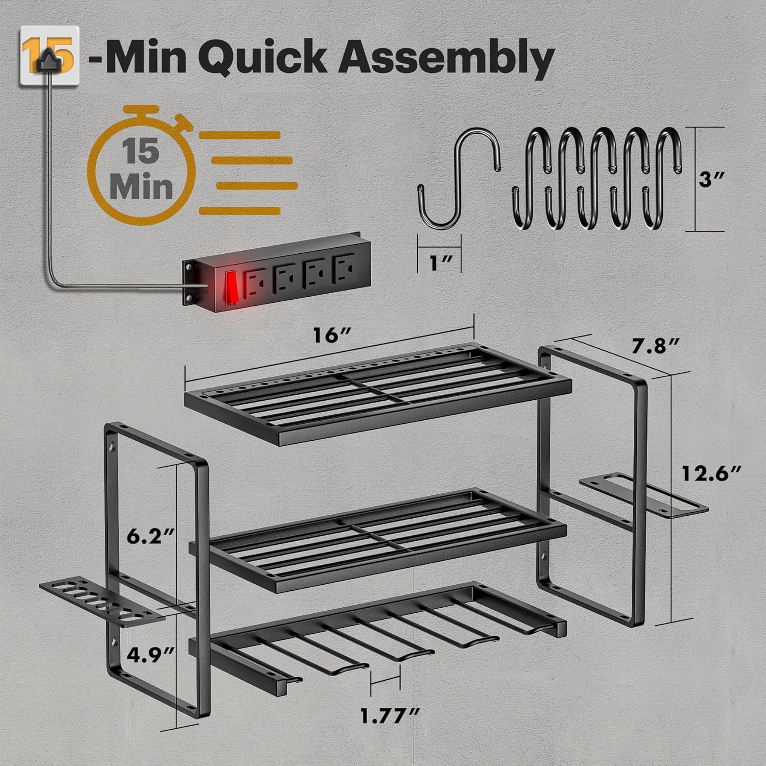4 Slots for Cordless Drill, Tool Storage with 4 Outlet Power Strip, Drill Bit Heavy Duty Rack, 3 Layers Garage Shelving for Workshop