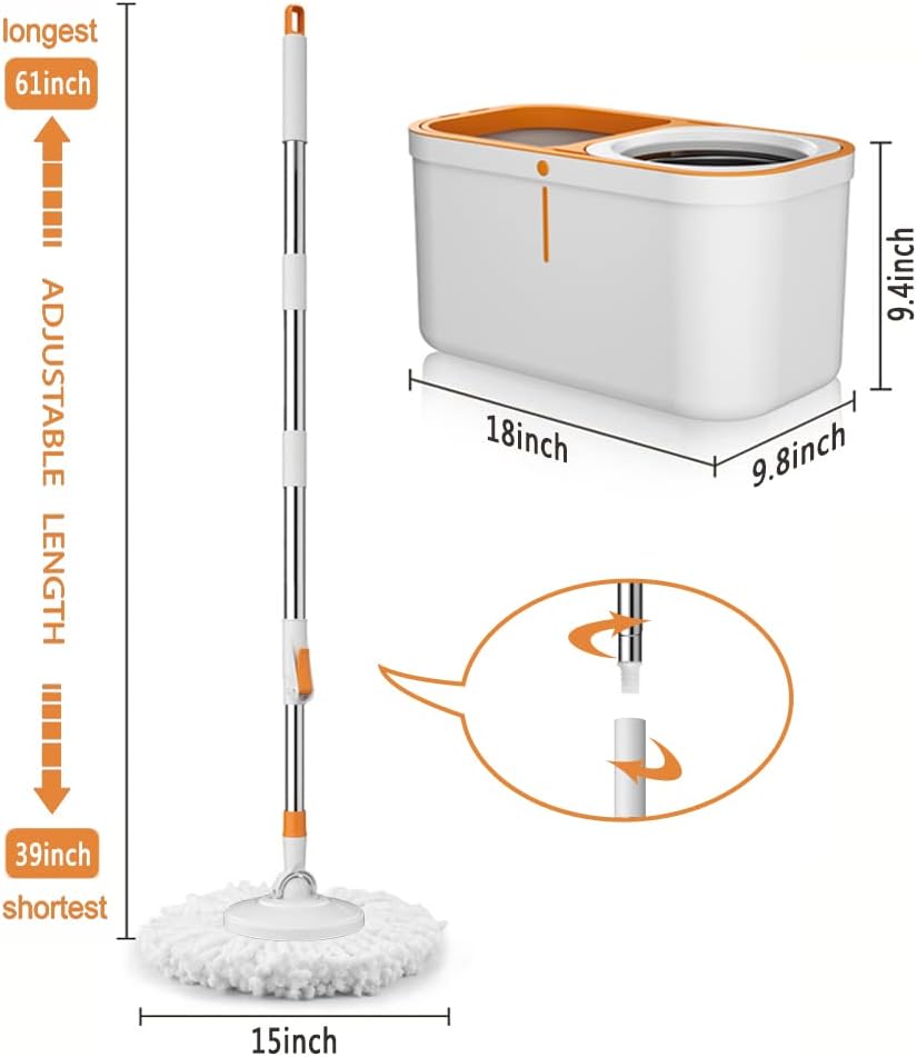 Spin Mop Bucket with Wringer System Extended Mop Handle 61＂Mop and Bucket 