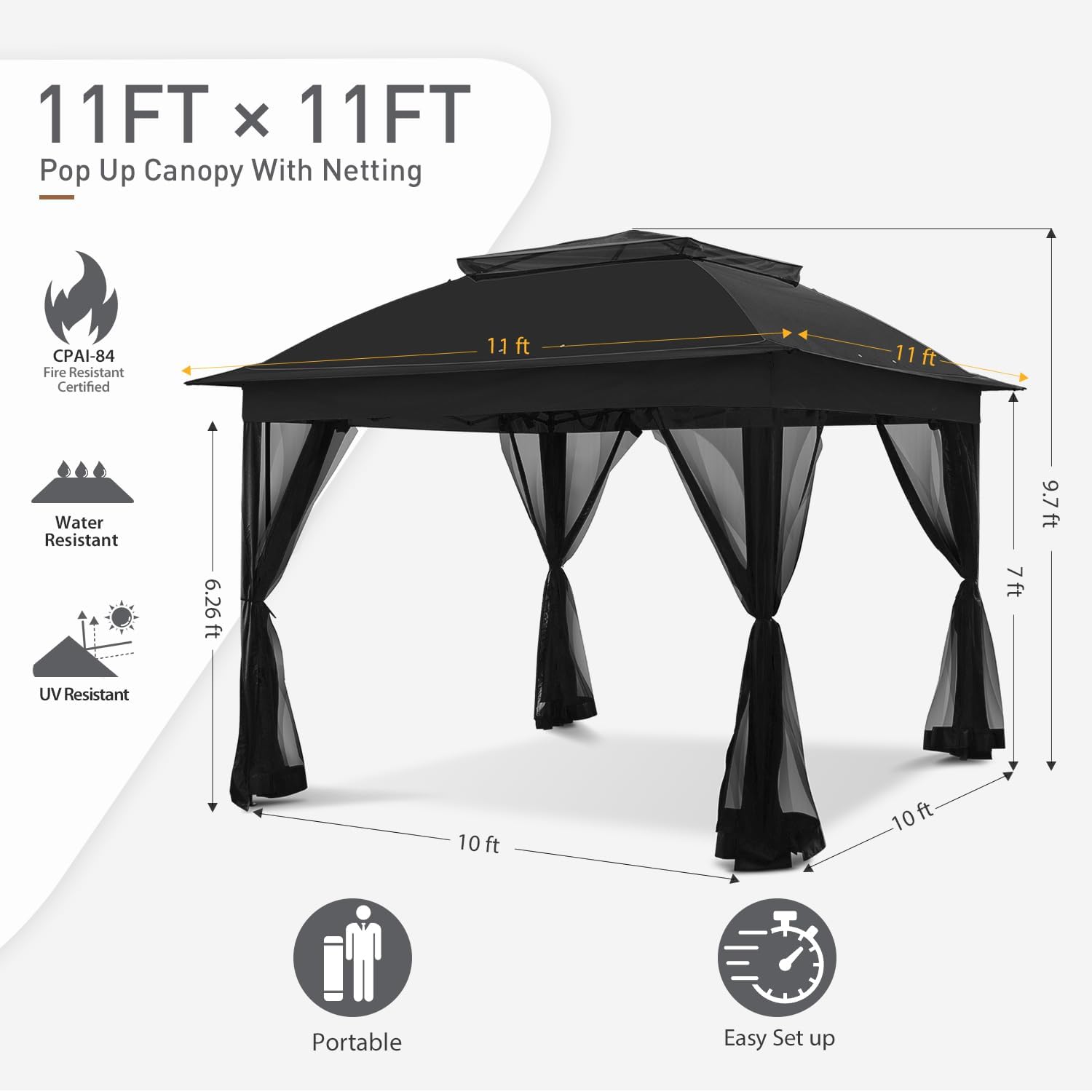 Steel Pop-up Gazebo-11' W X 11' D X 9' 8'' H-Black