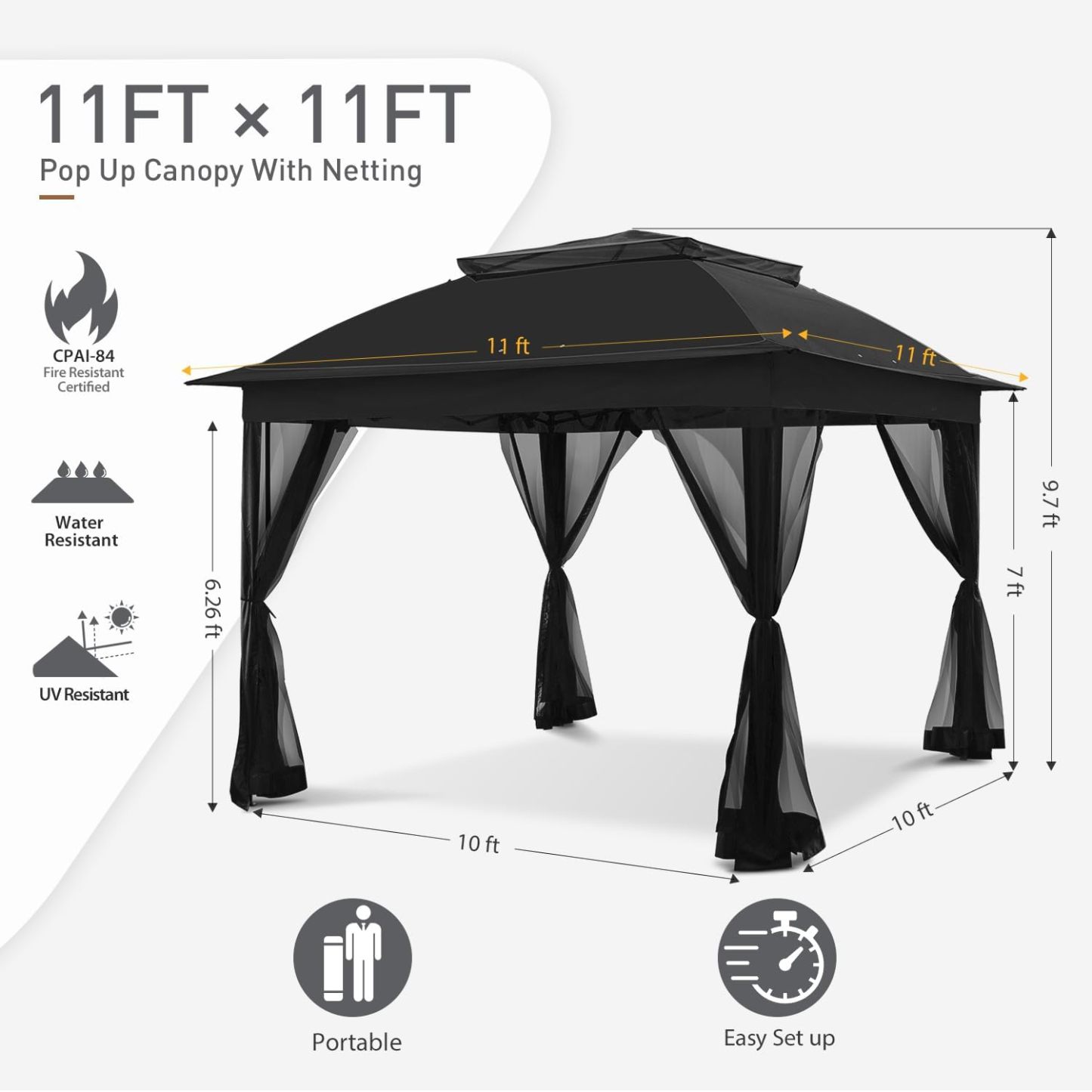 Steel Pop-up Gazebo-11' W X 11' D X 9' 8'' H-Black