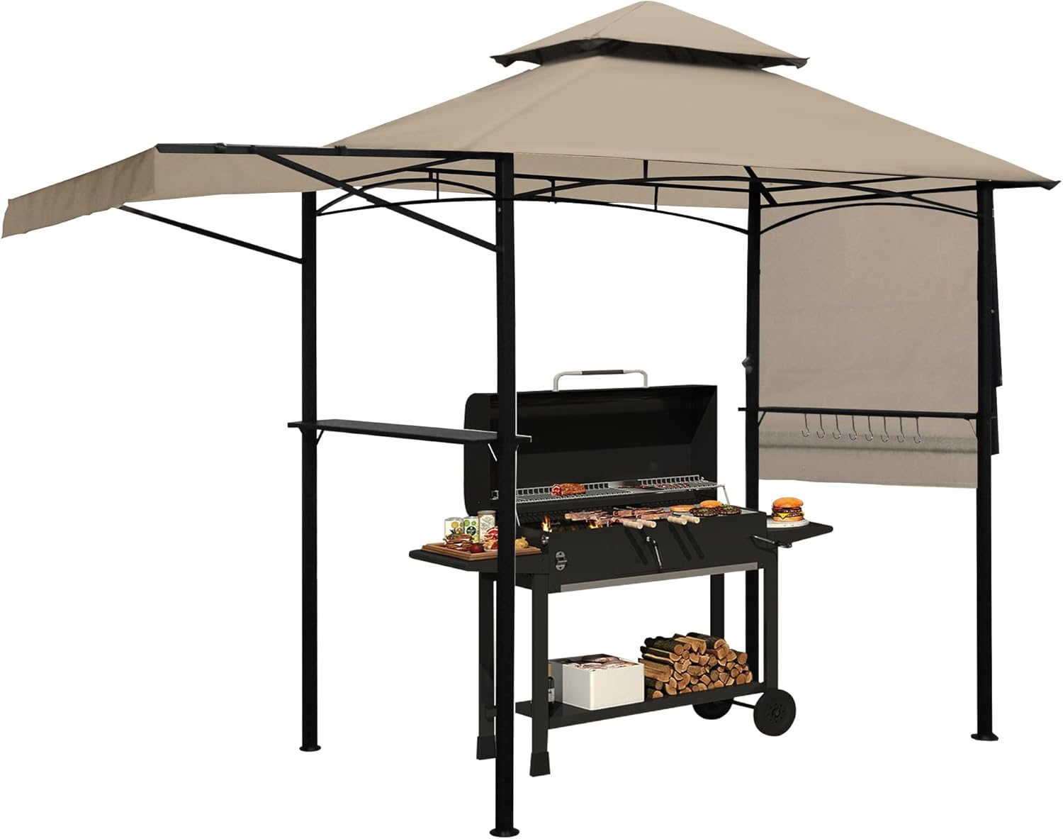 14 x 5Ft Grill Gazebo Outdoor BBQ Gazebo Canopy with Dual Side Awnings&Led Light-Khaki