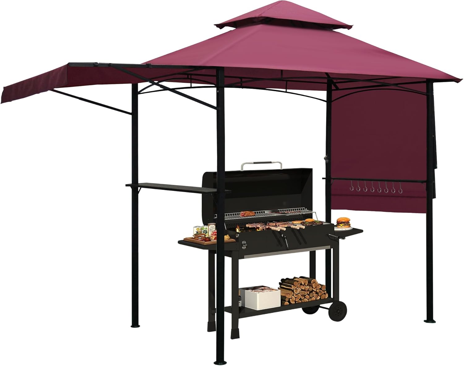 14 x 5Ft Grill Gazebo Outdoor BBQ Gazebo Canopy with Dual Side Awnings&Led Light-Red