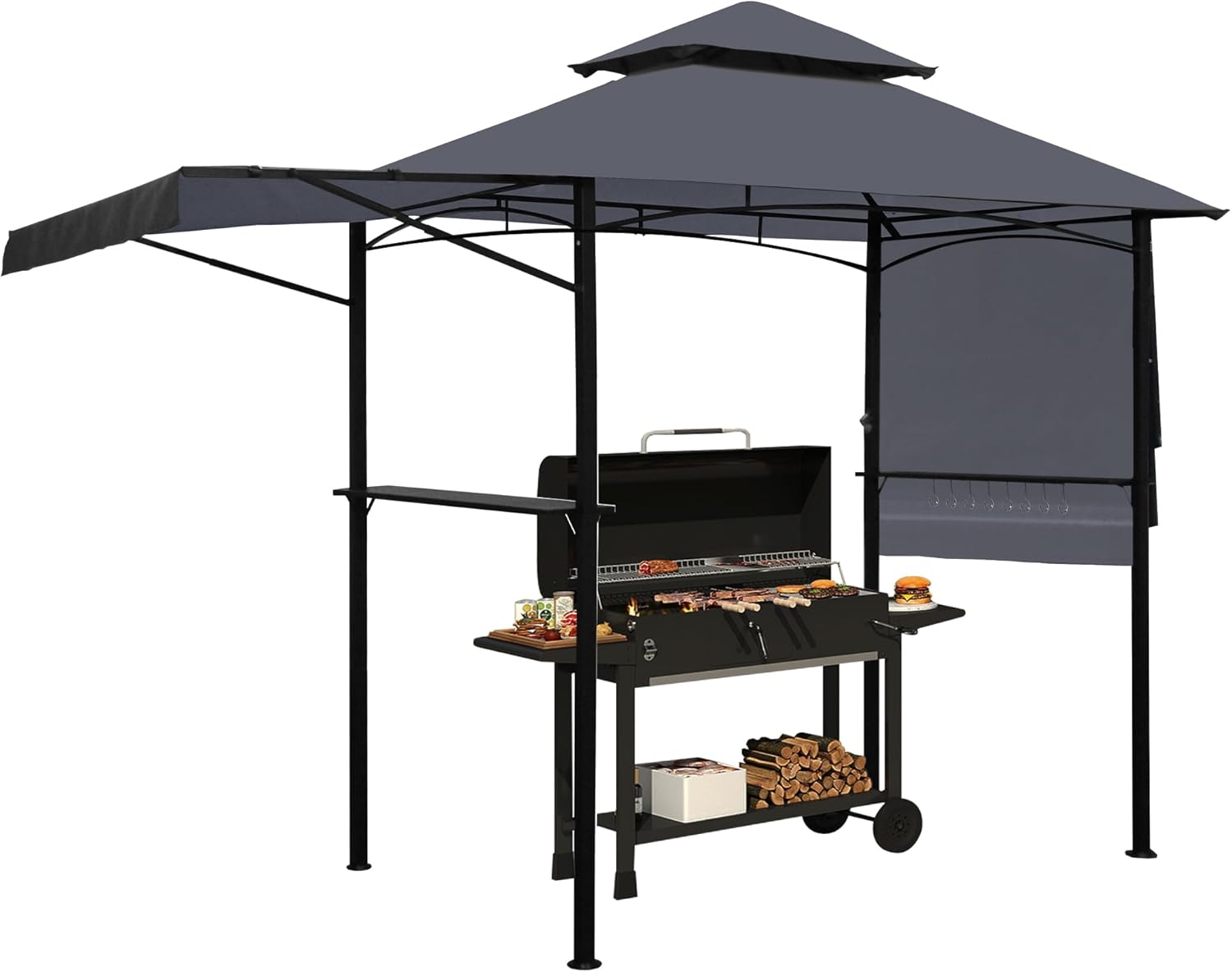 14 x 5Ft Grill Gazebo Outdoor BBQ Gazebo Canopy with Dual Side Awnings&Led Light-Gray