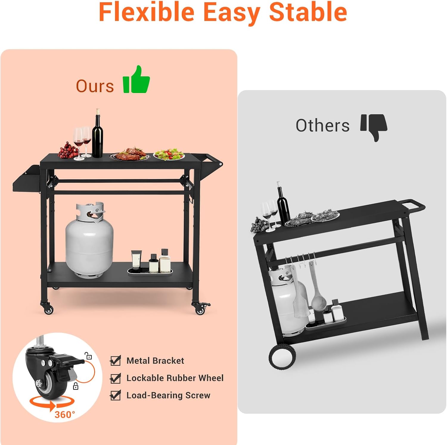 Outdoor Grill Cart, Pizza Oven Stand Table with Lockable Wheels for Outside Patio, Heavy Duty Movable Outdoor Cooking Prep Table