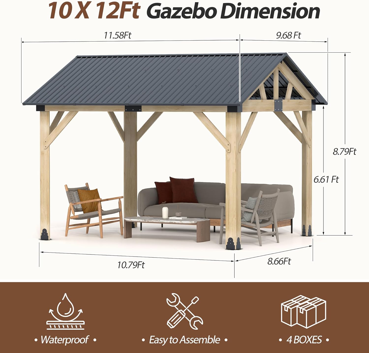 10' x 12' Cedar Hardtop Wood Gazebo 