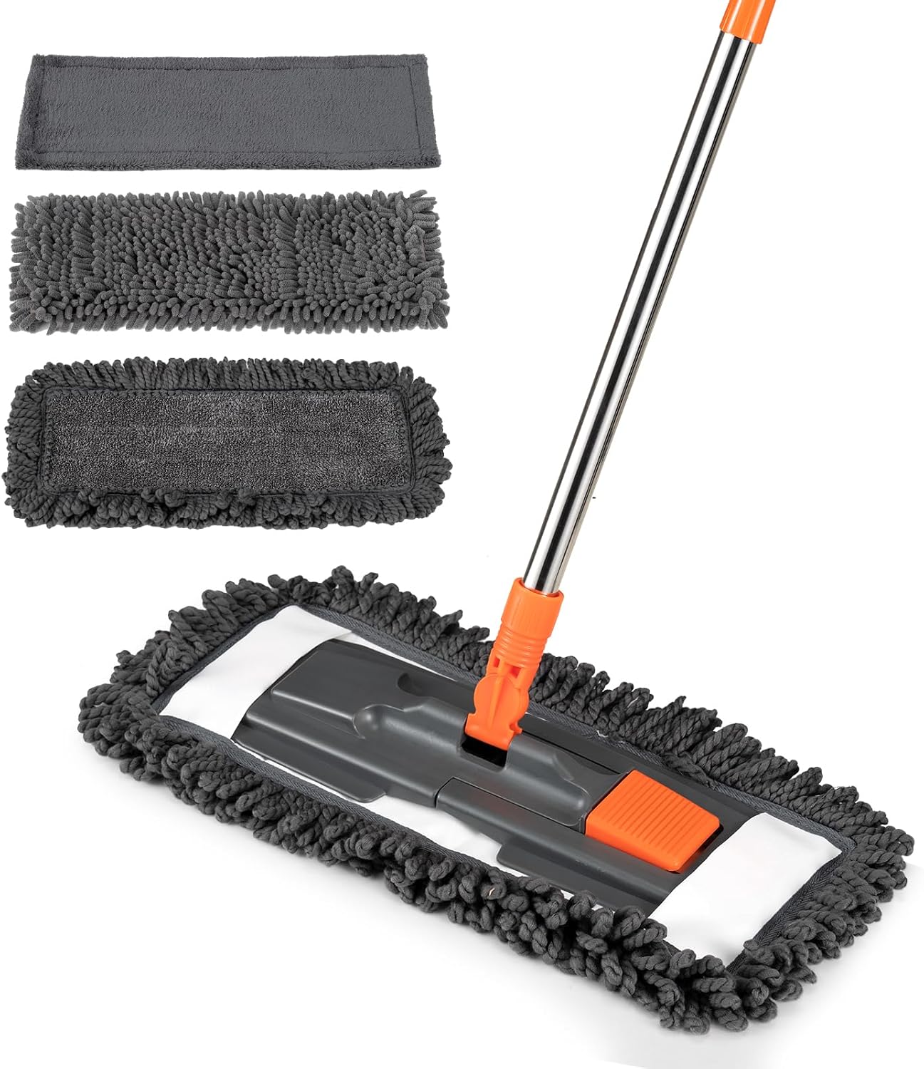 Dust Mop for Floor Cleaning with 3 Washable Pads and 55” Long Stainless Steel Handle