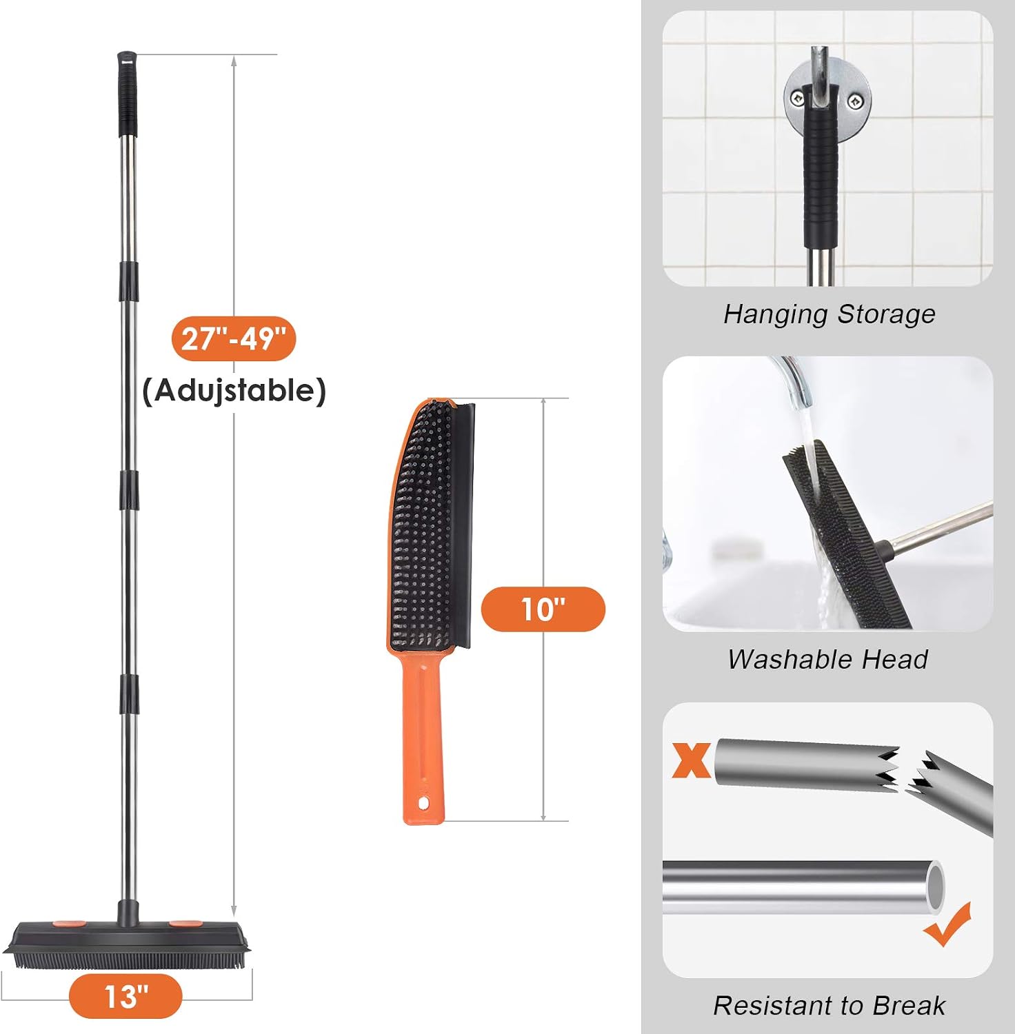 Rubber Broom Carpet Rake for Pet Hair, Fur Remover Broom with Squeegee