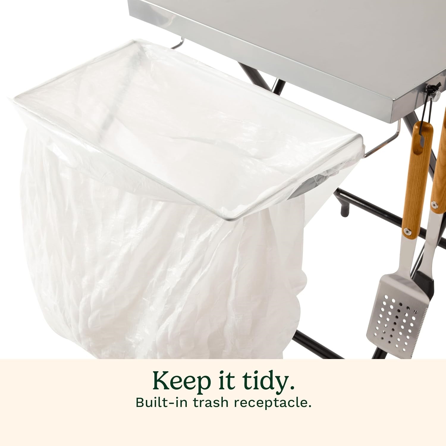 20.9"D x 34.4"W x 28.1"H Fold ‘n Go Prep Table, Portable Folding Table and Grill Stand with Tool hooks, Trash Bag Holder, Paper Towel Rack