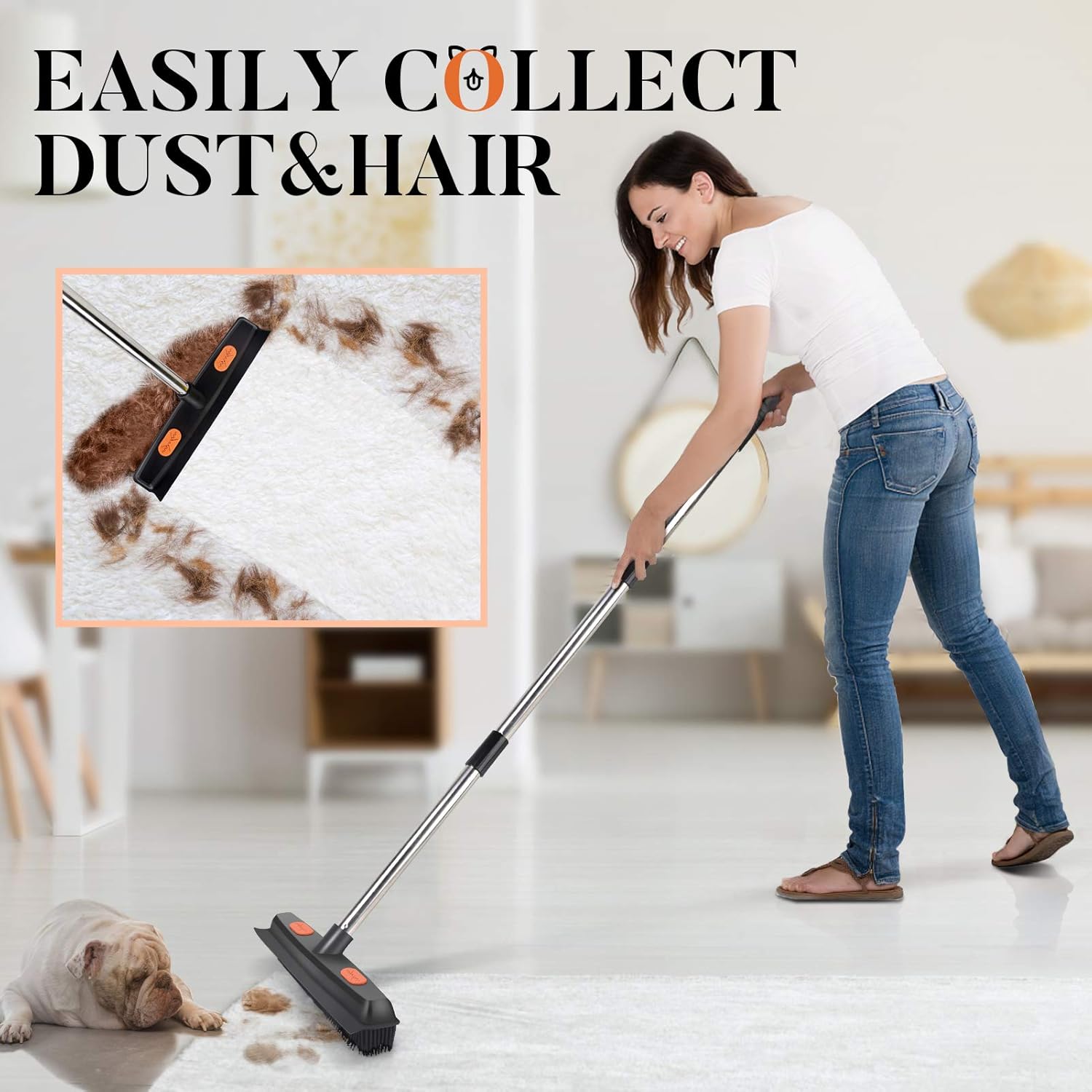 Rubber Broom Carpet Rake for Pet Hair, Fur Remover Broom with Squeegee