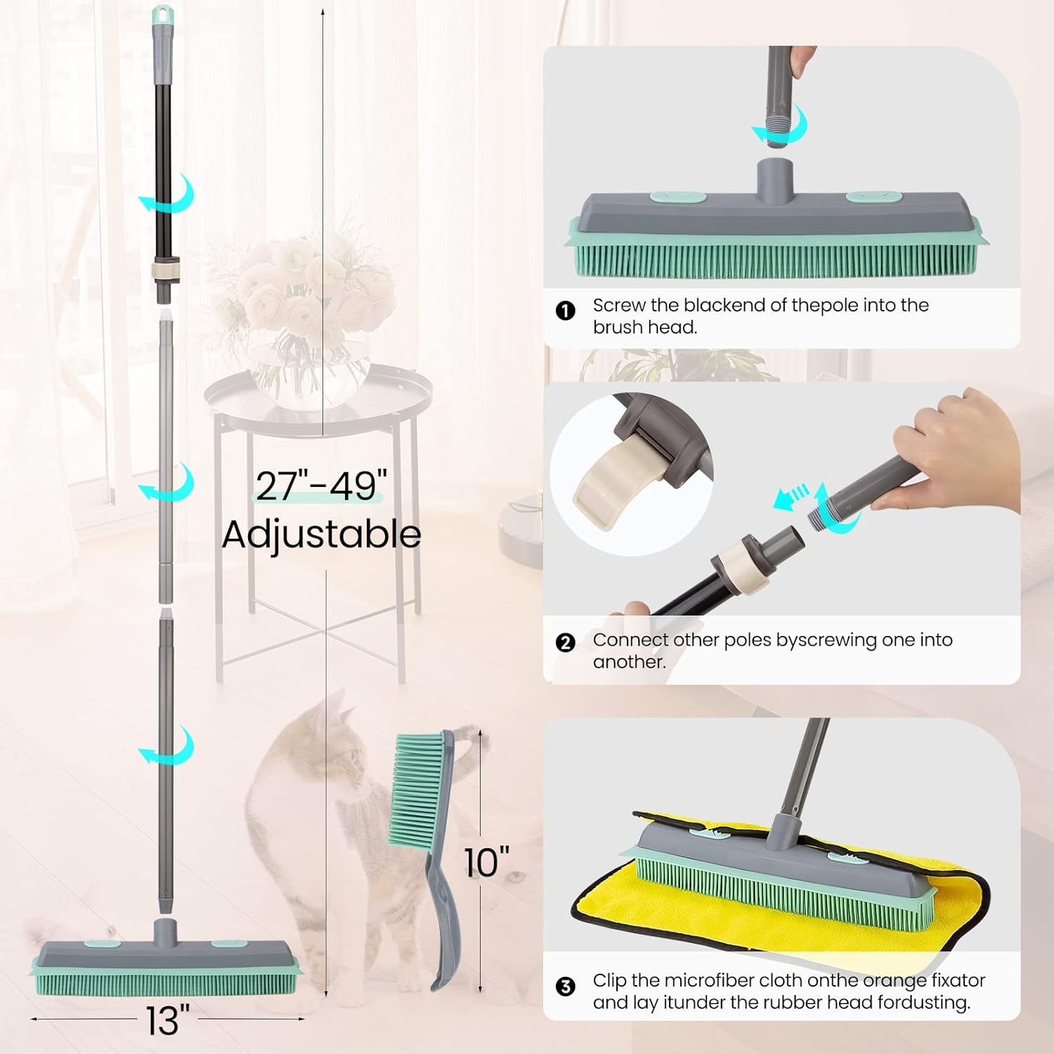Rubber Broom Carpet Rake for Pet Hair, Fur Remover Broom