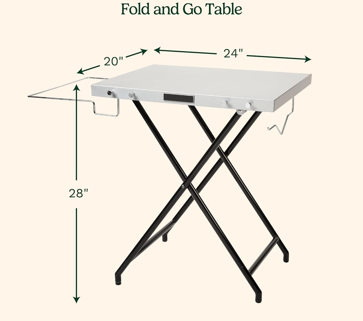 20.9"D x 34.4"W x 28.1"H Fold ‘n Go Prep Table, Portable Folding Table and Grill Stand with Tool hooks, Trash Bag Holder, Paper Towel Rack