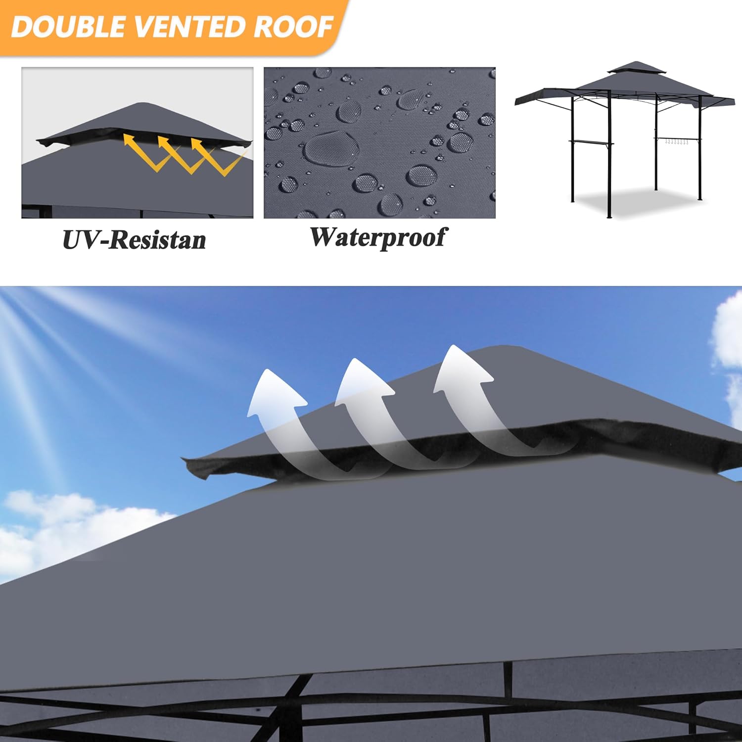 14 x 5Ft Grill Gazebo Outdoor BBQ Gazebo Canopy with Dual Side Awnings&Led Light-Gray