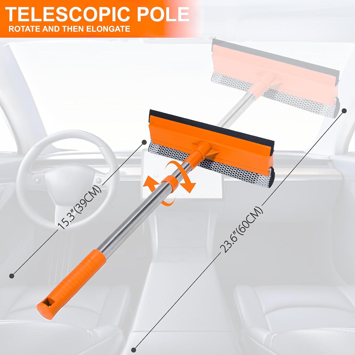 2 in 1 Car Windshield Squeegees with 15.3"-23.6" Retractable Stainless Steel Handle