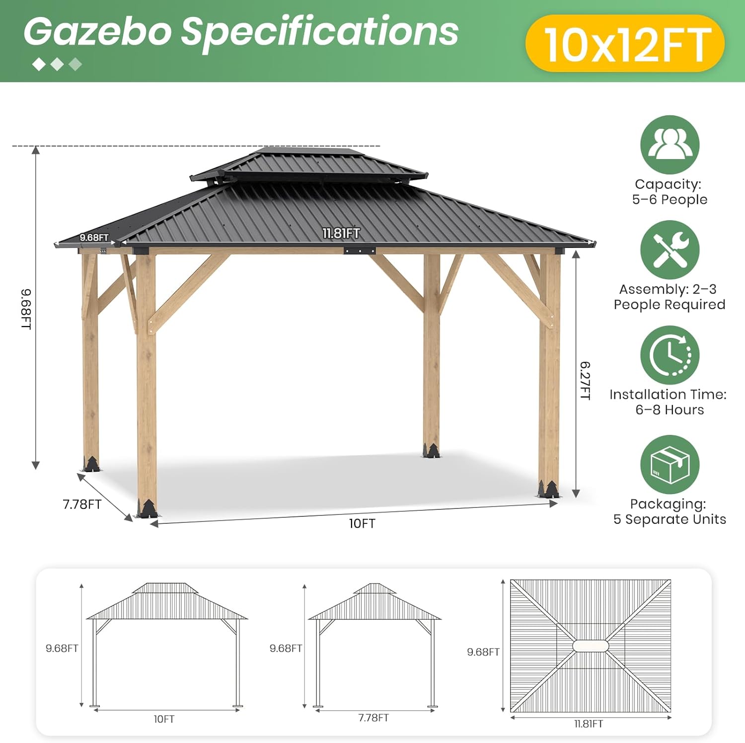 10' x 12' Wood Gazebo, Outdoor Hardtop Gazebo