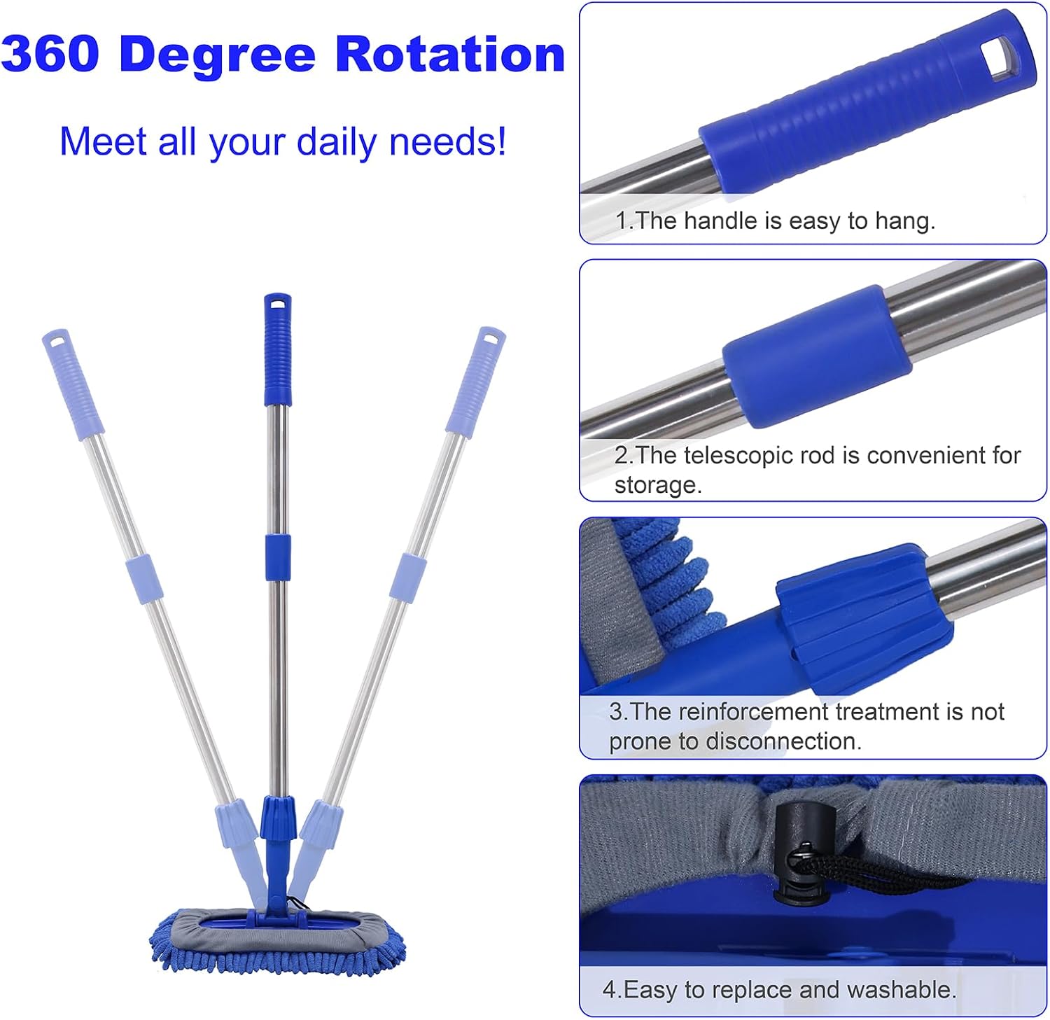 Car Wash Brush Mop Cleaning Tool with 20"-29" Retractable Stainless Steel Handle
