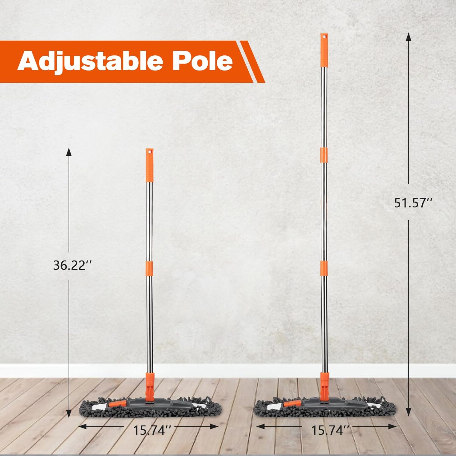 Dust Mop for Floor Cleaning with 3 Washable Pads and 55” Long Stainless Steel Handle