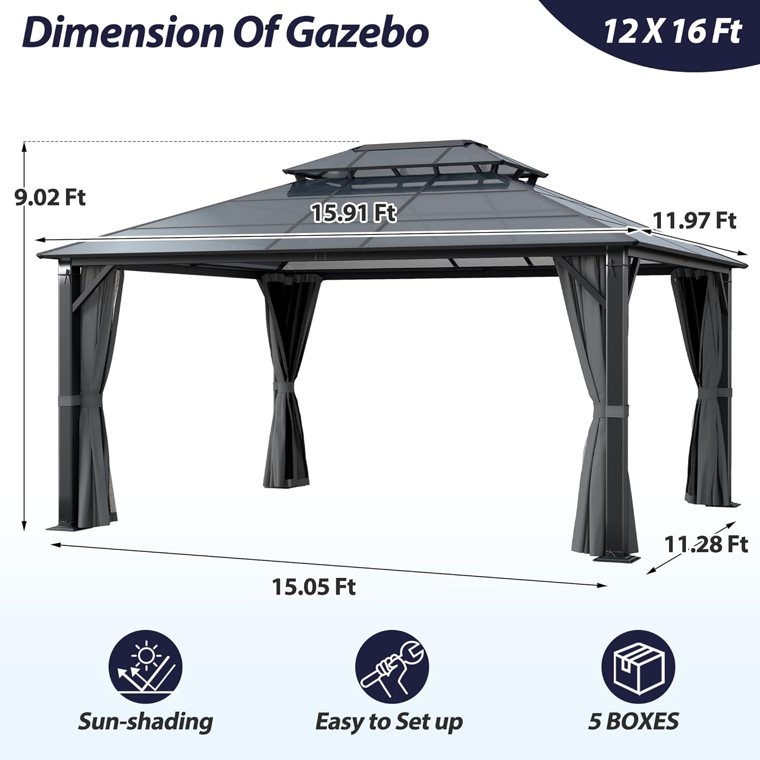 12' x 16' Hardtop Gazebo with Metal Frame Permanent Pavilion with Netting& Curtains