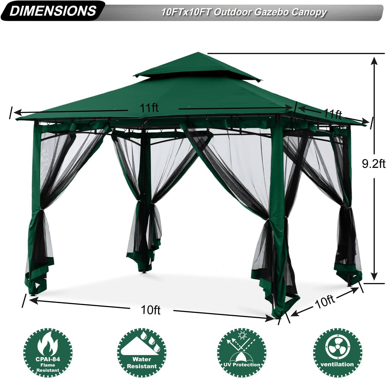 Steel Patio Gazebo-9' W X 9' D X 9' 2 2/5'' H-Green