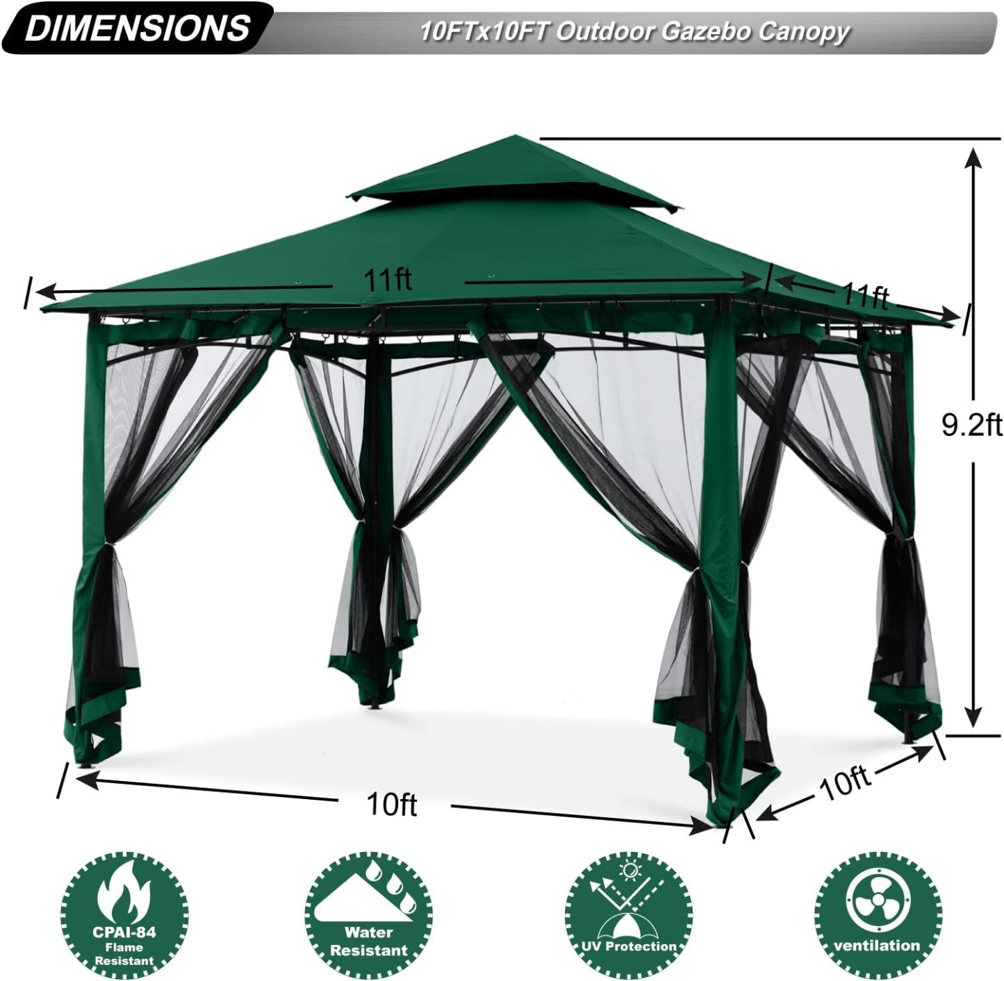 Steel Patio Gazebo-9' W X 9' D X 9' 2 2/5'' H-Green