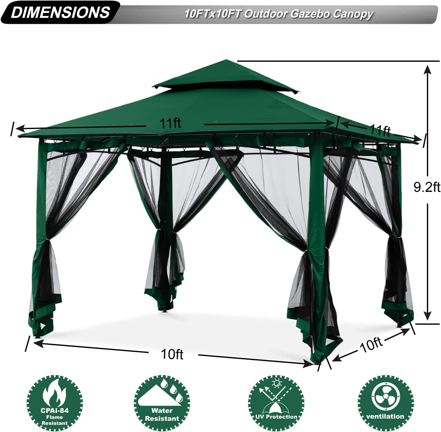 Steel Patio Gazebo-9' W X 9' D X 9' 2 2/5'' H-Green