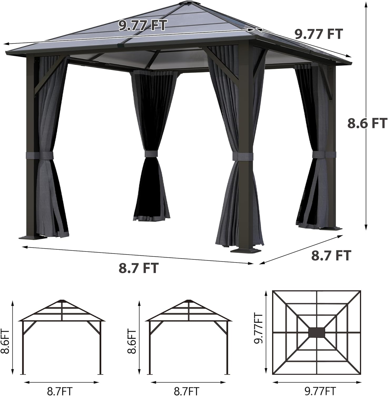 Outdoor Patio Gazebos with Polycarbonate Roof & Steel Frame 10x10FT