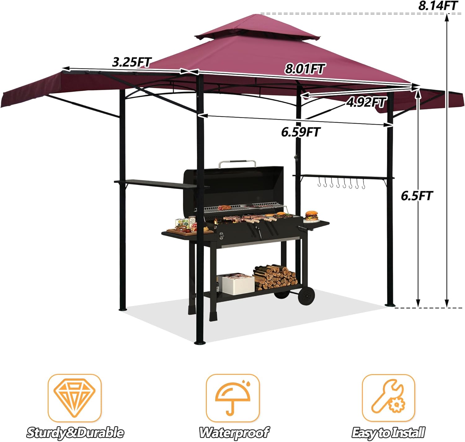 14 x 5Ft Grill Gazebo Outdoor BBQ Gazebo Canopy with Dual Side Awnings&Led Light-Red