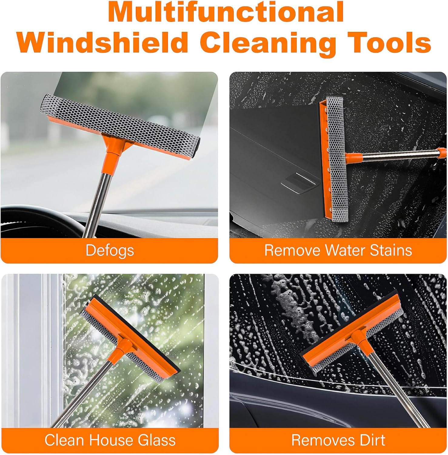 2 in 1 Car Windshield Squeegees with 15.3"-23.6" Retractable Stainless Steel Handle