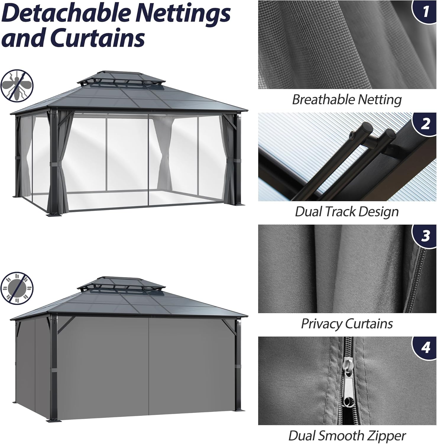 12x14FT Hardtop Gazebo with with Netting& Curtains