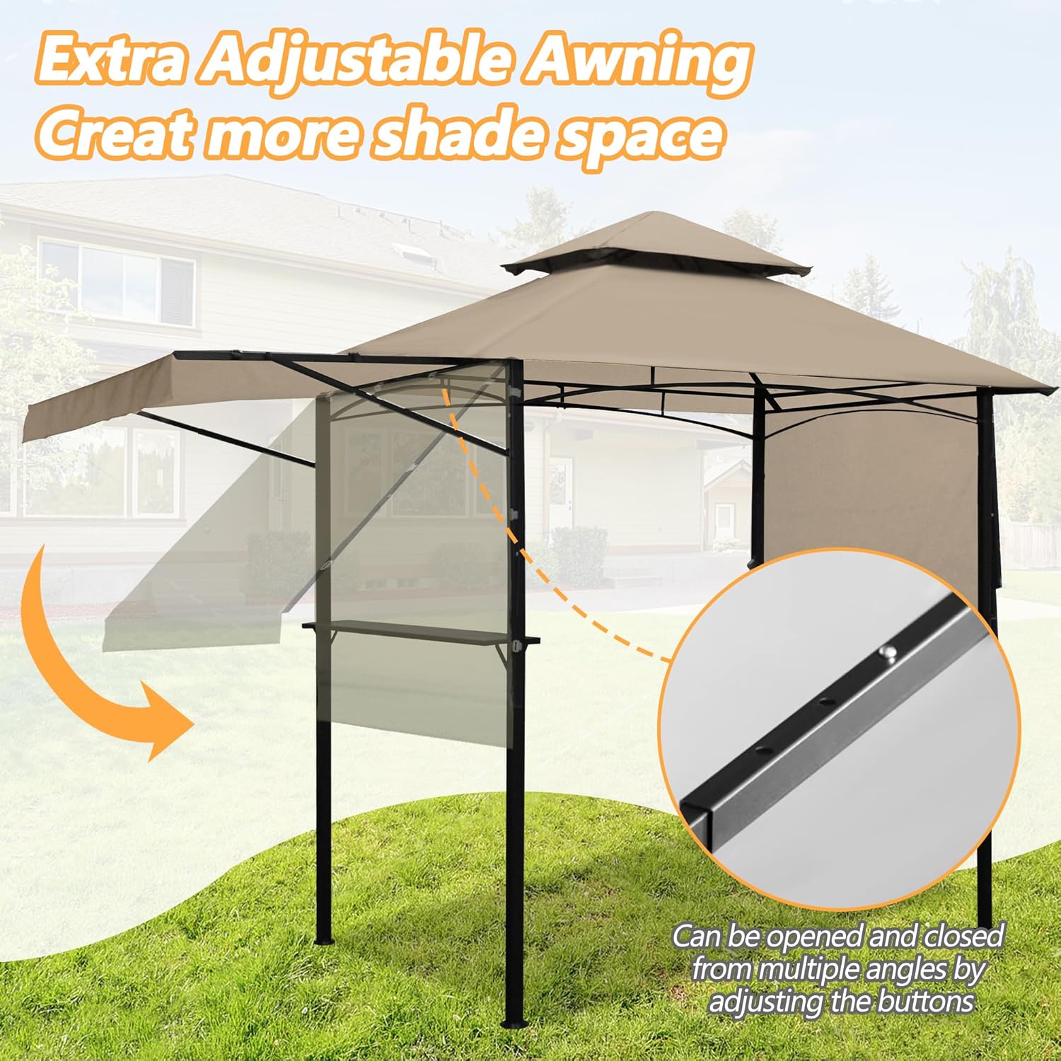 14 x 5Ft Grill Gazebo Outdoor BBQ Gazebo Canopy with Dual Side Awnings&Led Light-Khaki