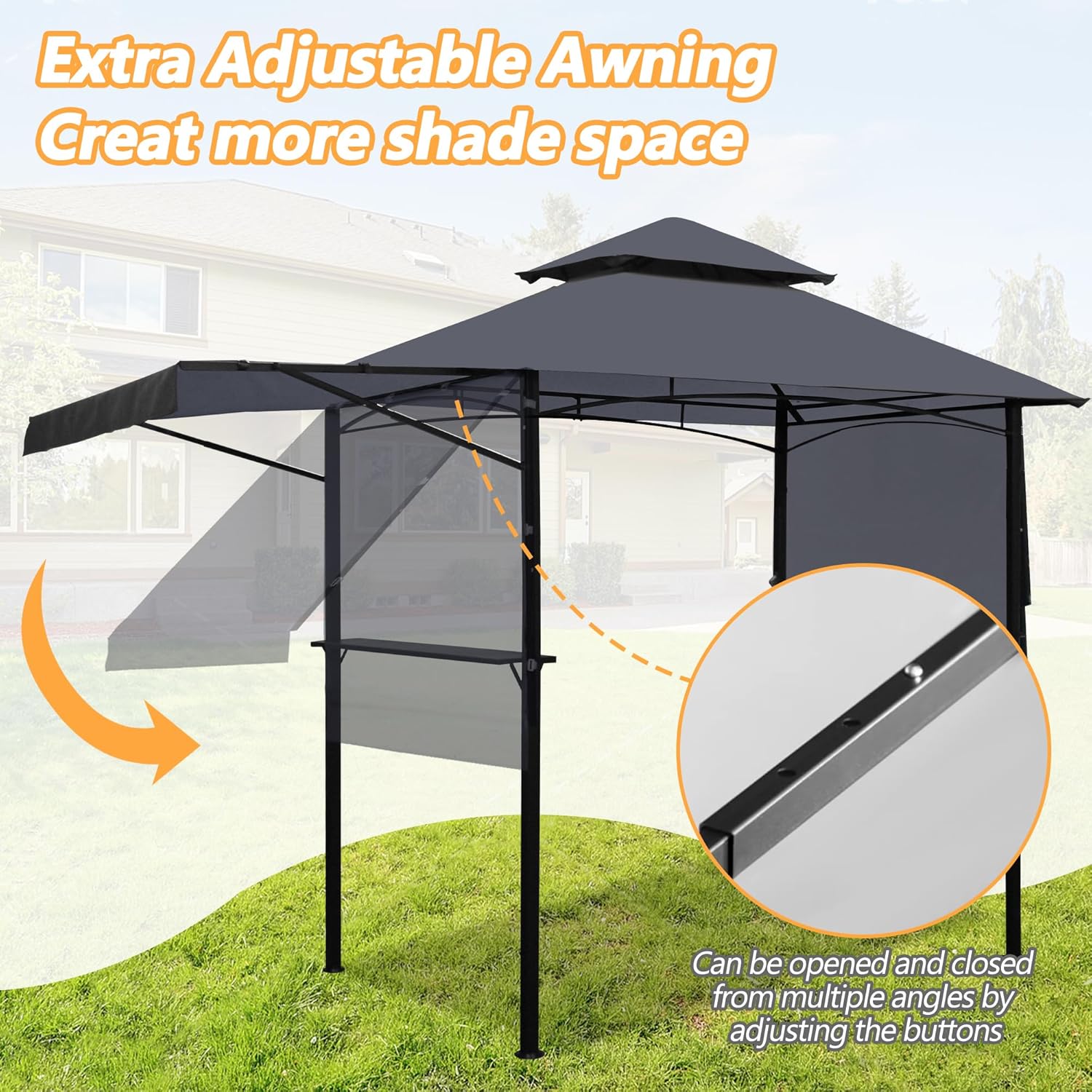 14 x 5Ft Grill Gazebo Outdoor BBQ Gazebo Canopy with Dual Side Awnings&Led Light-Gray