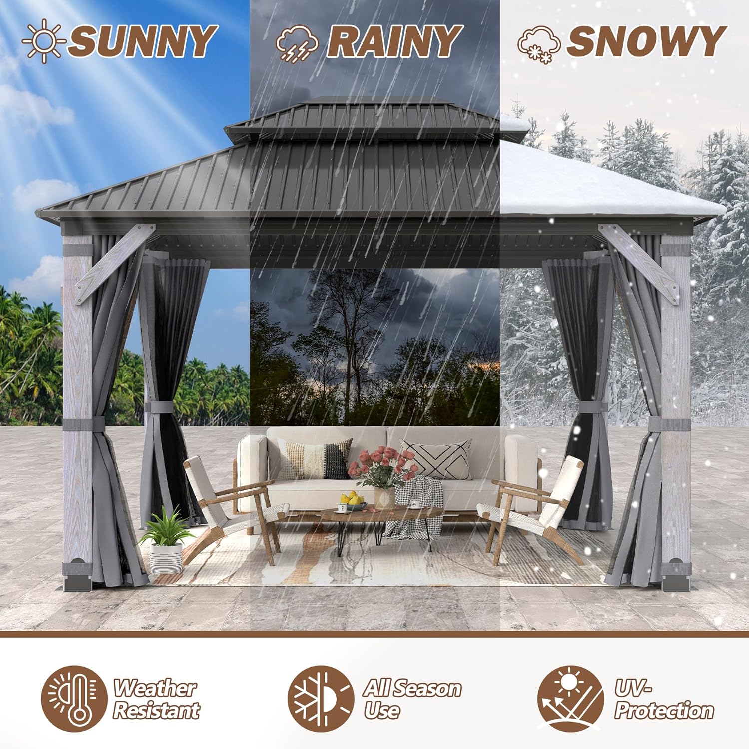 Outdoor 10x12 FT Wood Gazebo with Galvanized Steel Doule Roof