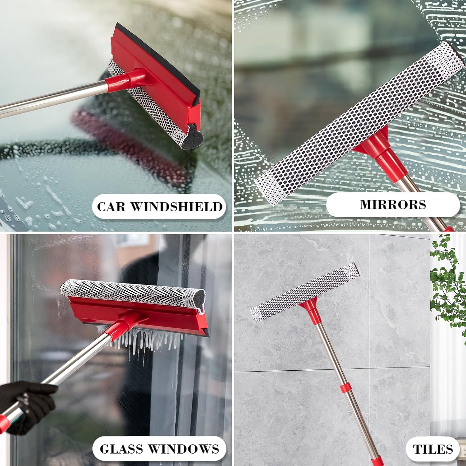 Window Squeegee with 15.7"-27.5" Retractable Stainless Steel Handle