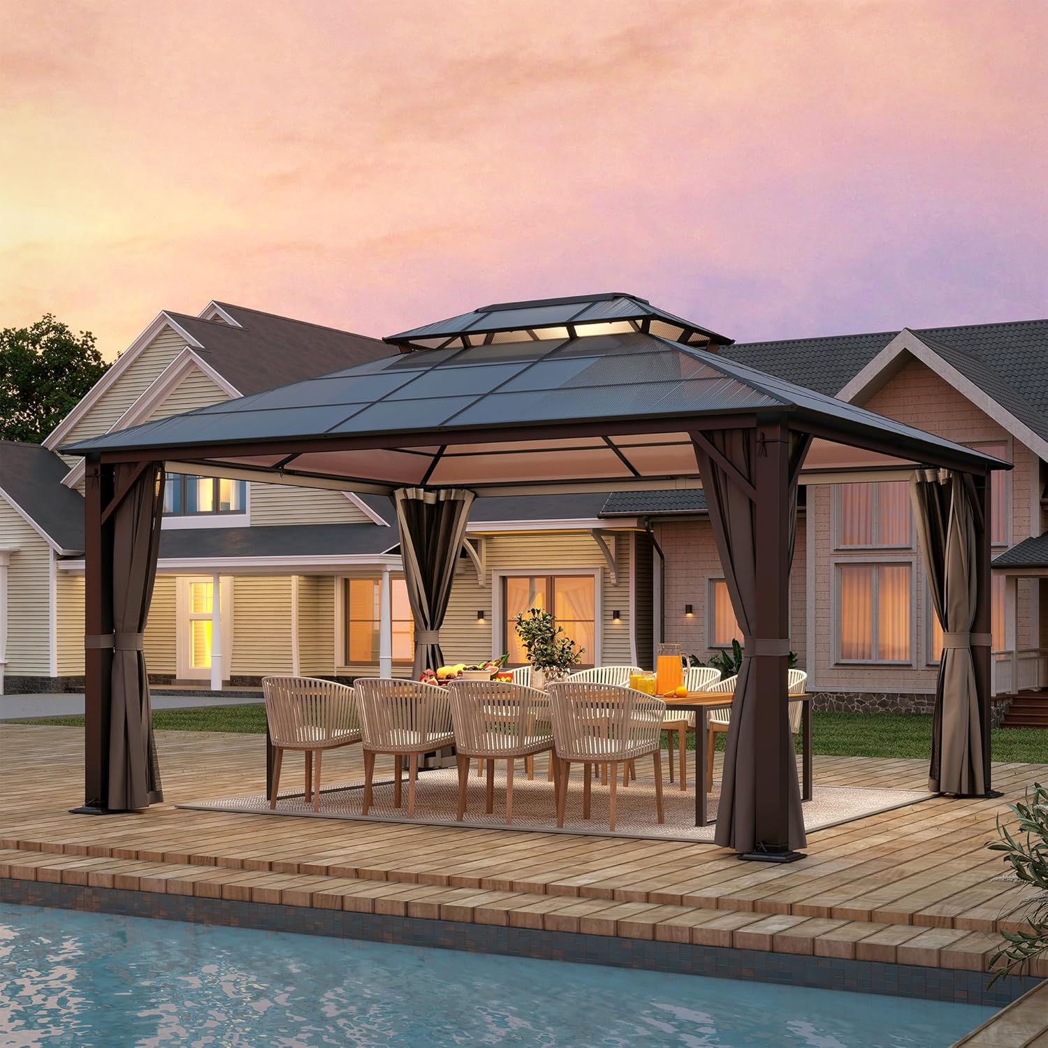 12x14FT Hardtop Gazebo with with Netting& Curtains