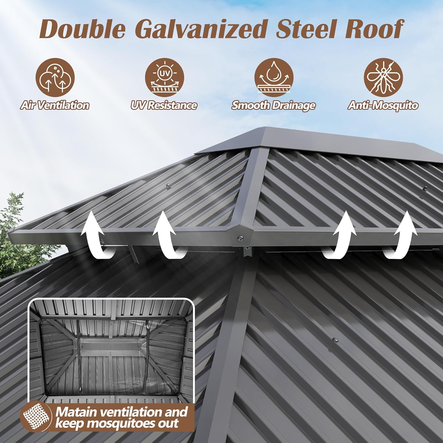 Outdoor 10x12 FT Wood Gazebo with Galvanized Steel Doule Roof