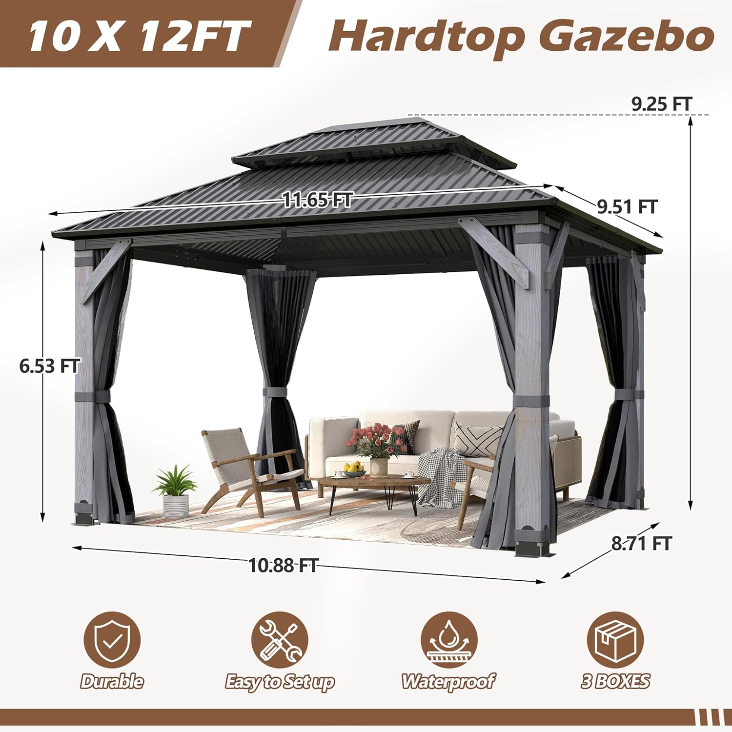 Outdoor 10x12 FT Wood Gazebo with Galvanized Steel Doule Roof