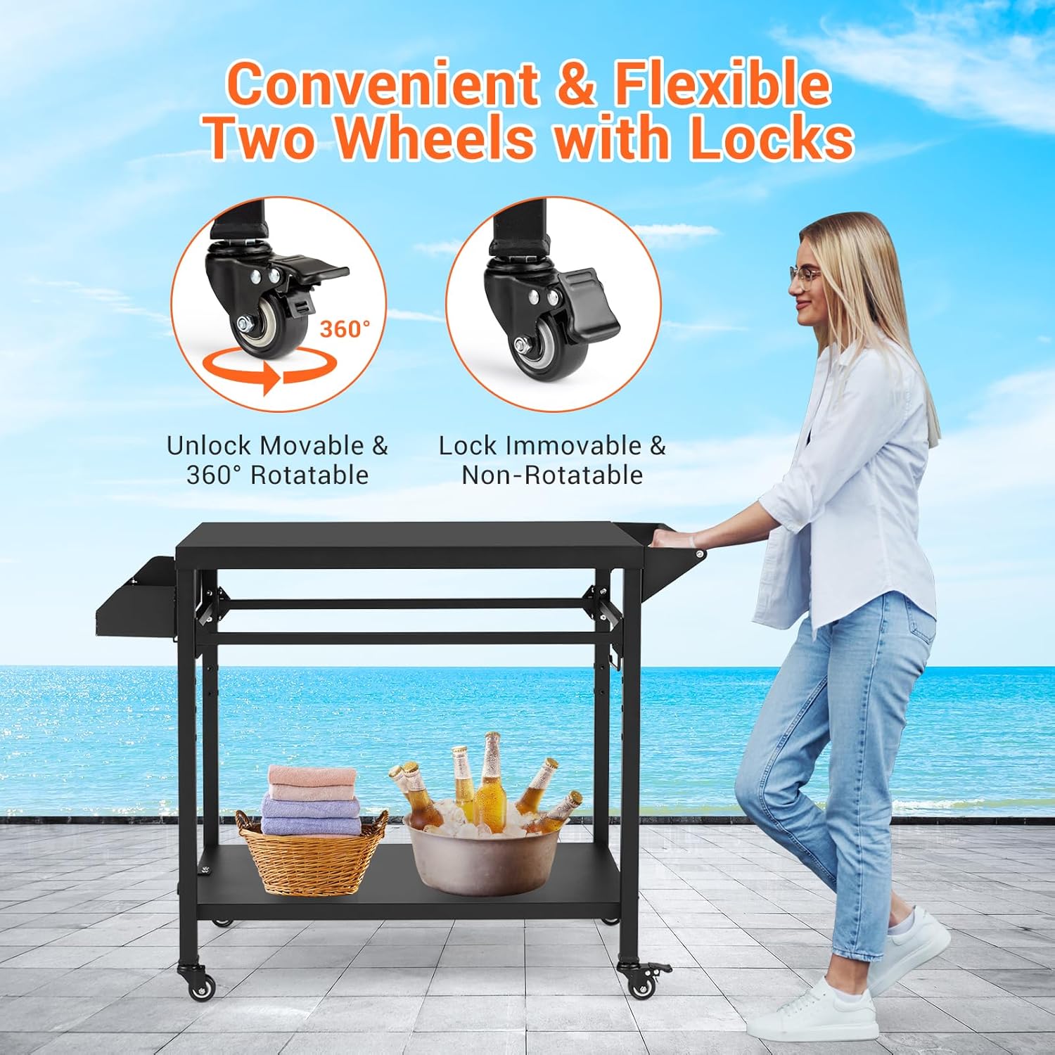 Outdoor Grill Cart, Pizza Oven Stand Table with Lockable Wheels for Outside Patio, Heavy Duty Movable Outdoor Cooking Prep Table