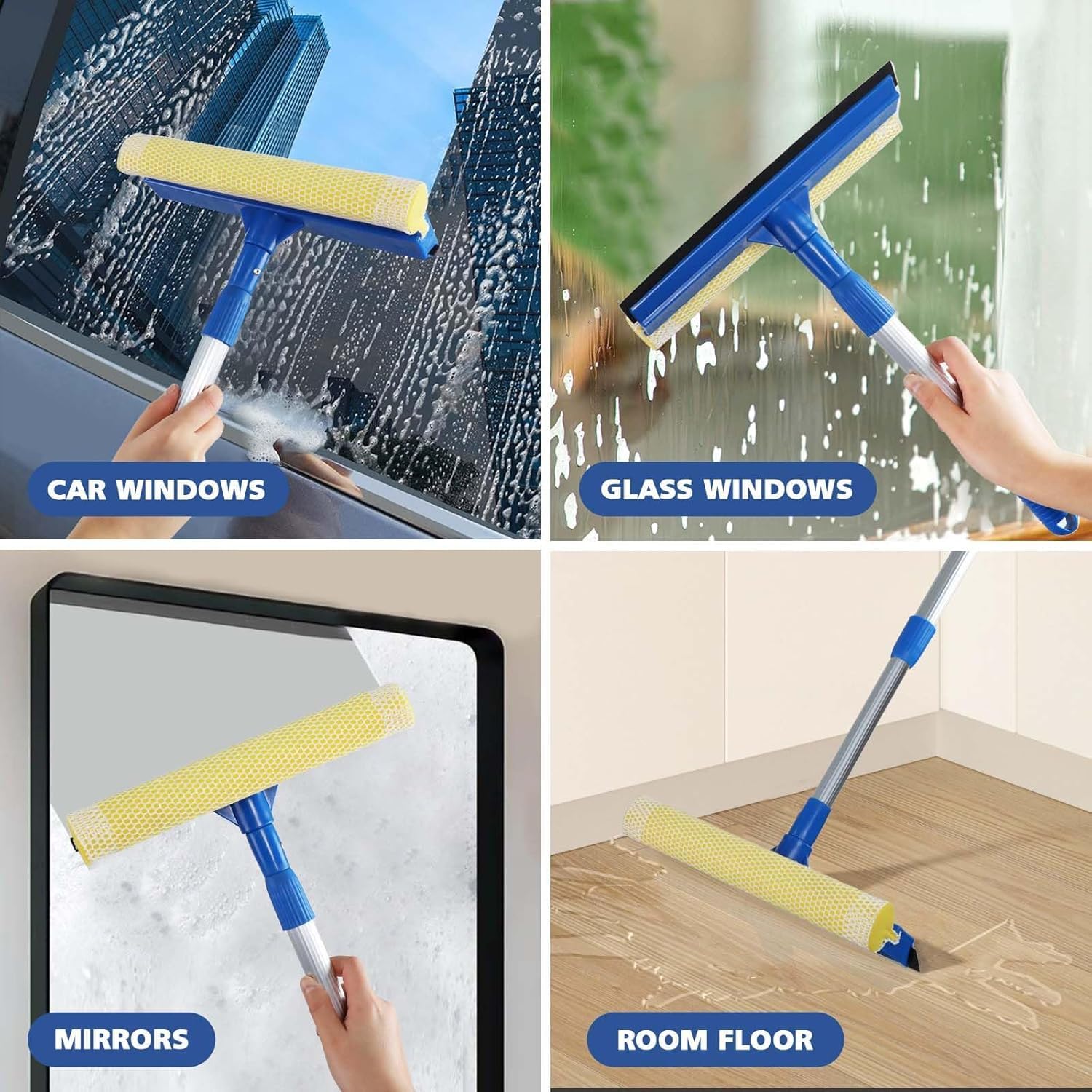 Professional 2-in-1 Window Squeegee with Telescopic Stainless Steel Handle