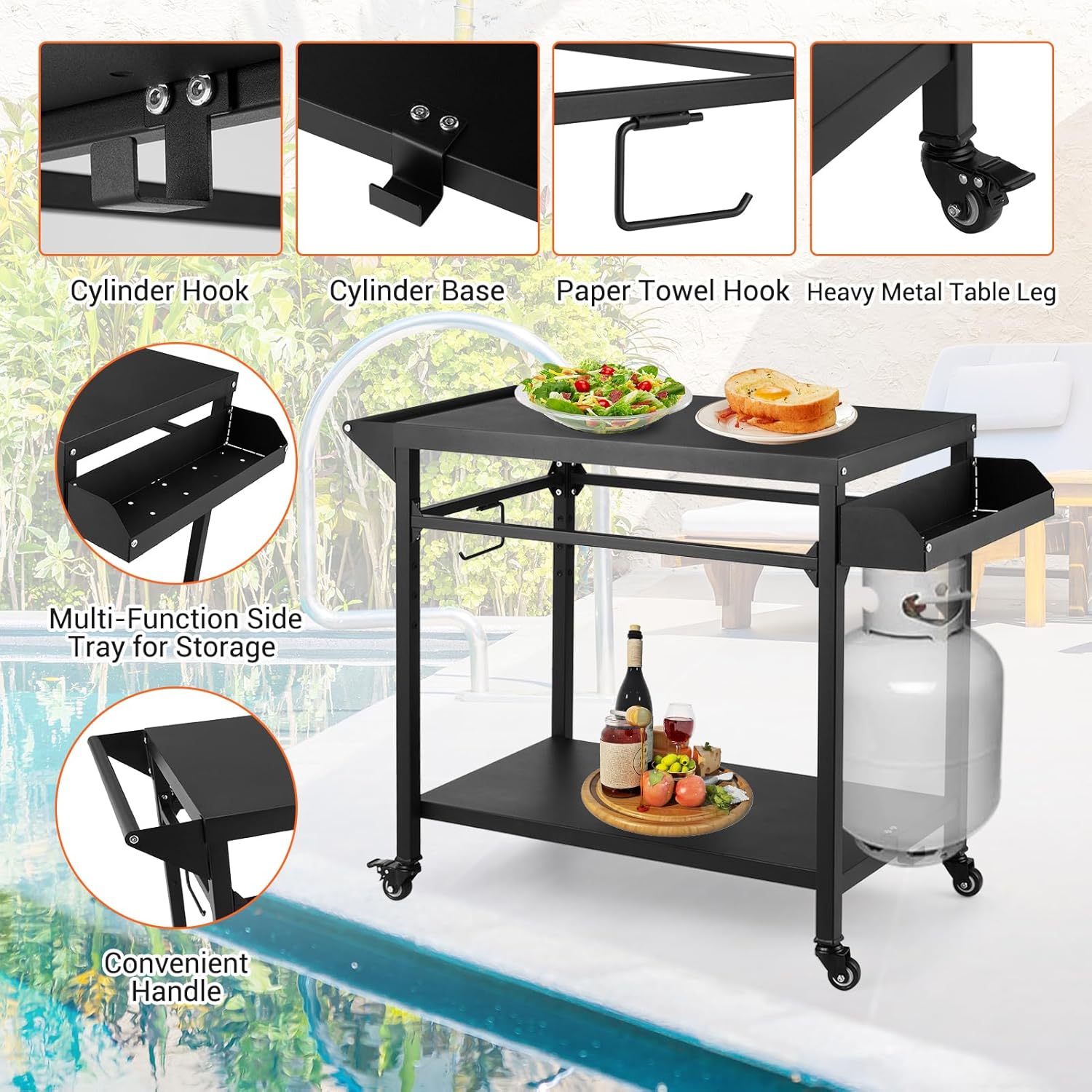 Outdoor Grill Cart, Pizza Oven Stand Table with Lockable Wheels for Outside Patio, Heavy Duty Movable Outdoor Cooking Prep Table